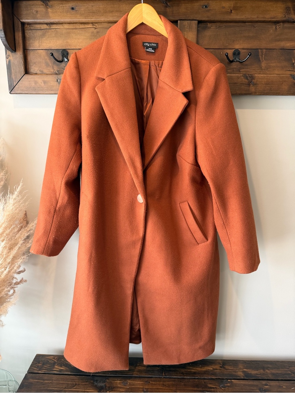 City Chic Burnt Orange Single-Button Wool-Blend Trench Coat